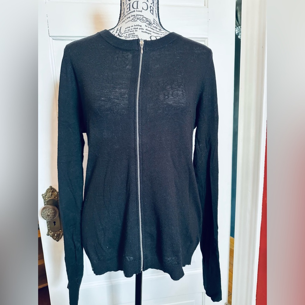 🖤NWOT Black lightweight Marino Wool Blend Express Zip Cardigan, Size Large